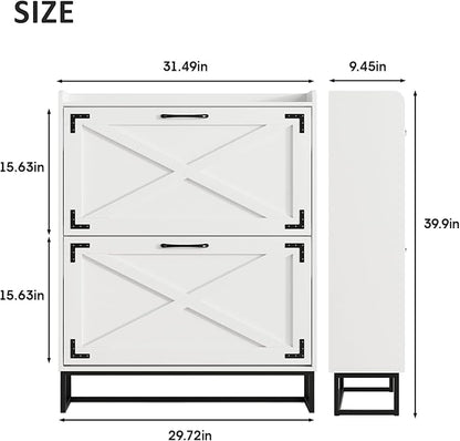 Maupvit Shoe Storage Cabinet with 2 Flip Drawers, Freestanding Organizer with Metal Legs for Entryway, Narrow Shoe Rack Cabinet, Black White