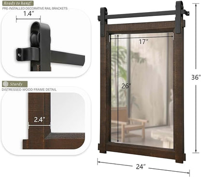 Rustic Barn Door Mirror: 24"x36" Brown Farmhouse Wood Frame - Wall Mirror for Entryway/Bathroom/Living Room Wall Decor