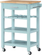 Convenience Concepts Ellaine Butcher Block Kitchen Cart 24.75" - 4 Tier Kitchen Island with Storage Drawer, Dining Room Wine Rack on Wheels, Coffee Station Table, Mobile Utility Trolley, Sea Foam