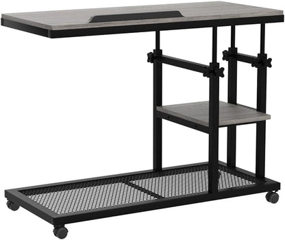 Tribesigns Height Adjustable C Table with Wheels, Mobile Couch Snack Side Table with Tiltable Drawing Board, Sofa Bedside Laptop Stand C Shaped TV Tray with Storage Shelves (Grey)