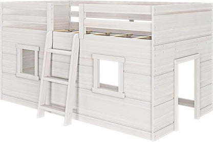 Max & Lily Modern Farmhouse Twin Low Loft Bed with Two Windows - Solid Wood, 15” Guardrails, 400-lb Capacity, Low-VOC Finish, White Wash