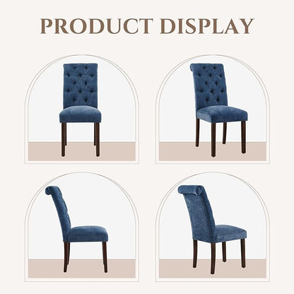 COLAMY Button Tufted Dining Chairs Set of 6, Parsons Upholstered Fabric Dining Room Chair Kitchen Chairs with Wood Legs and Padded Seat, Blue