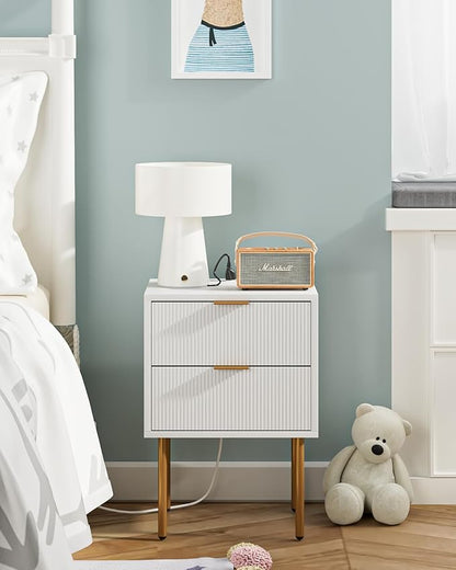 Nightstand,Small Bedside Table with Gold Frame,Morden Night Stand with 2 Drawer,End Table,Side Table with Drawer and Shelf for Bedroom,Living Room (White-2Drawer-Outlet)