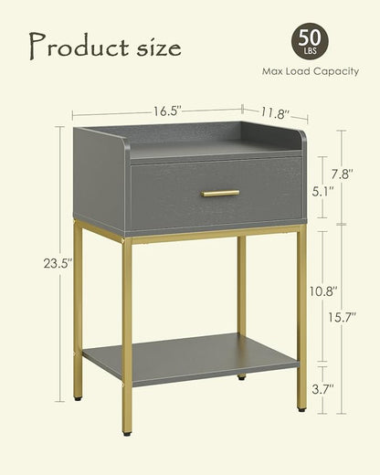 Nightstand,3-Tier Modern Night Stand,Bedside Table with Storage Drawer and Shelf,Small Side Table for Bedroom,Living Room,Gray