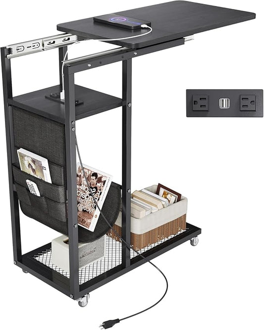Colima C Shaped End Table with Charging Station (Black, Extra Large)