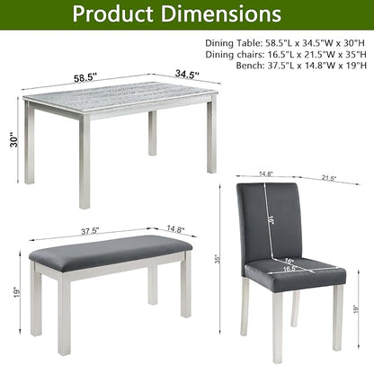KEIKI 6-Piece Standard Height Dining Table Set with Rectangular Table, 4 Upholstered Chair, Bench, for 6 Person, Crystal Decoration Table Set, Easy Assembly, for Kitchen, Dining Room, Silver Grey