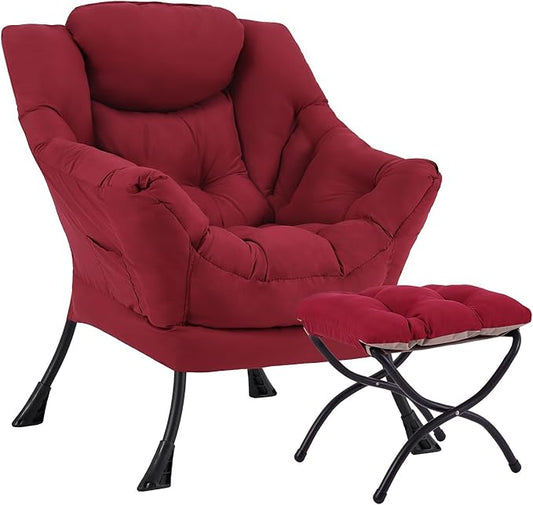 Lazy Chair with Ottoman, Large Modern Lounge Accent Chair with Armrests and Footrest, Reading Armchair with Ottoman, Leisure Sofa Chair for Living Room, Bedroom, Dorm Room, Office（Burgundy）