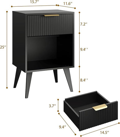 Fluted Night Stand with Opening Storage,Mid Century Bedside Table with Drawer,Modern Nightstand with Solid Wood Legs,End Table Side Table for Living Room,Bedroom,Black CTG56BK