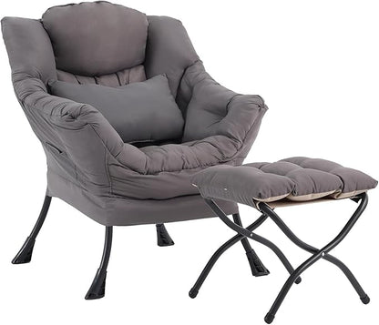 Lazy Chair with Ottoman, Modern Accent Chair with Lumbar Pillow, Comfy Chairs with Folding Footrest for Bedroom, Reading, Oversized Supportive Lounge Chairs(Dark Grey)