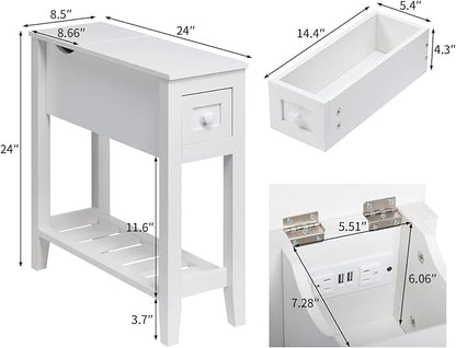 White End Table with Movable Top and Charging Station, Narrow Side Table with Storage Cabinet and USB, Sofa Table for Living Room Bedroom,White Side Table with Charger