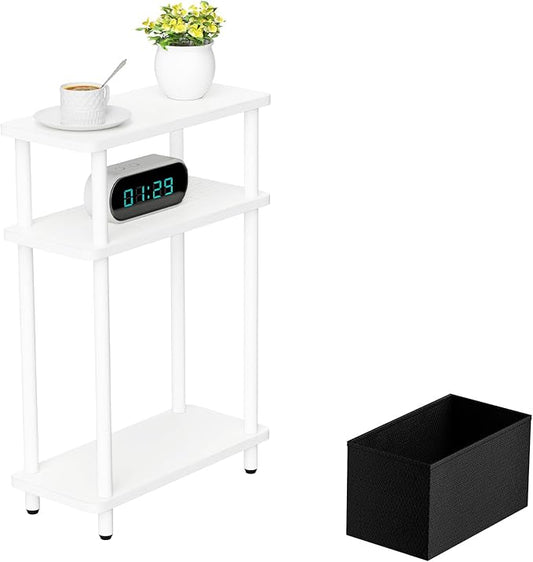 Narrow Side Table with Fabric Basket, 7" Wide, 3 Tier Skinny End Table with Wood Legs, Slim Nightstand/Bedside Table for Small Spaces, with Adjustable Feet, 15.7" L x 23" H, White