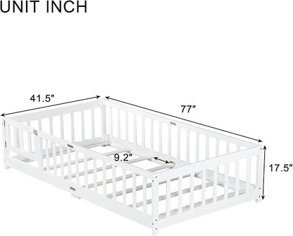Twin Floor Bed with Slats and Center Support Bar, Wood Montessori Floor Bed with Fence and Door, Kids Montessori Bed Twin Size, Twin Size Montessori Floor Bed for Kids, Girls, Boys(Twin White)