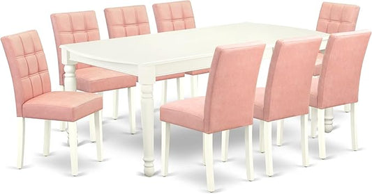 East West Furniture DOAS9-LWH-42 9 Piece Modern Dining Table Set Contain A Wooden Table and 8 Beige Red Polyester Fabric Parson Kitchen Chairs with Stylish Back- Linen White Finish