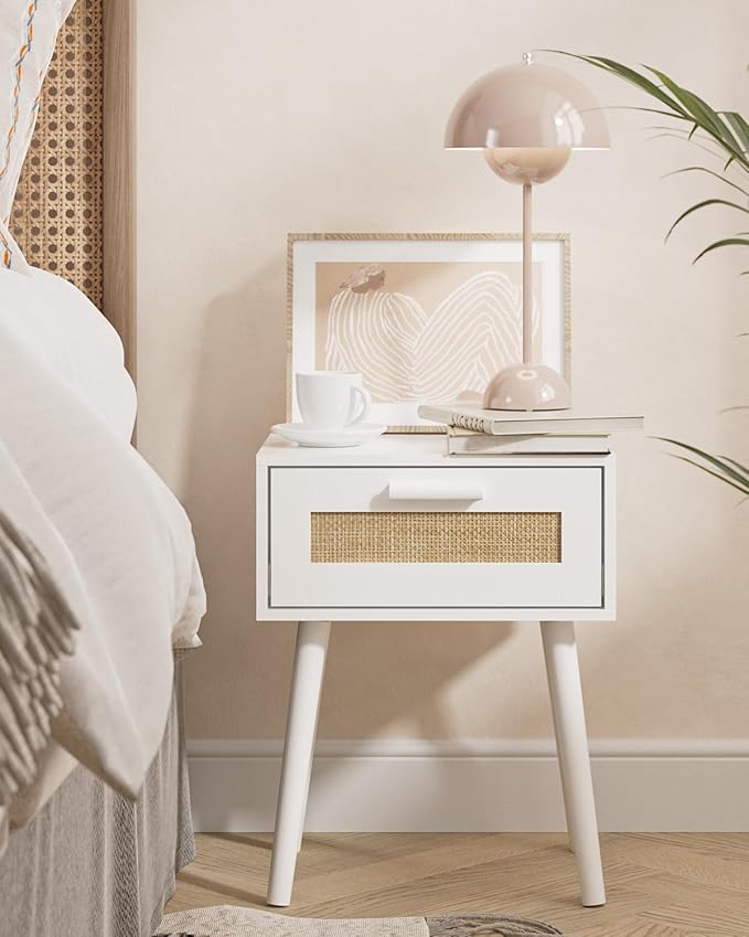Bedroom Nightstands Wooden Night Stands with Rattan Weaving Drawer Home Bedside End Table for Bedroom Storage (Bohemian-White)