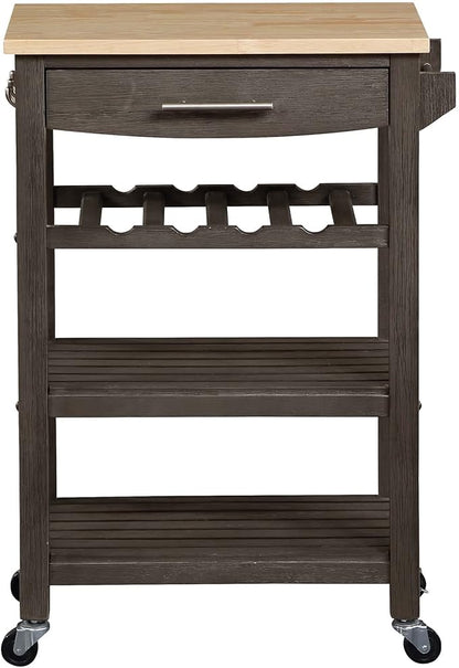 Convenience Concepts Ellaine 4 Tier Kitchen Cart with Drawer and Wine Rack, 24.75 x 16.5 x 34.5, Wirebrush Dark Gray/Butcher Block