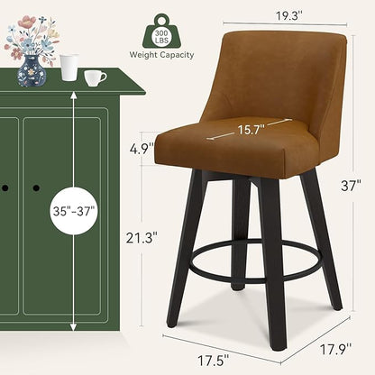 Vipbear Swivel Counter Height Bar Stools Set of 6,26.8" H Counter Stools with Back, Mid Century Modern Bar Stools for Kitchen Island,Faux Leather,Wooden Base, Brown