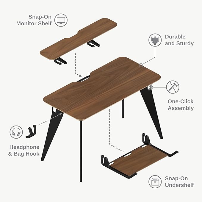 HOEK Student Desk Bundle, 47.5" x 23", Collapsible Dorm or Home Study Desk with Monitor Shelf, Under Shelf, Side Hook and Wall Storage, Portable Table with Easy Tool-Free Setup (Black/Black)