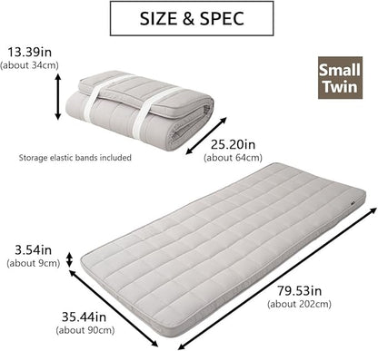 EMOOR Japanese Padded Futon Mattress Machi Small-Twin Gray, Gusset Foldable Storable Elastic Bands Floor Sleeping Guest Bed Tatami Mat
