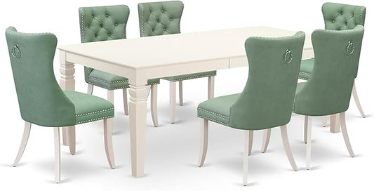 East West Furniture LGDA7-LWH-22 7 Piece Dining Table Set Contains a Rectangle Kitchen Table with Butterfly Leaf and 6 Polyester Fabric Chairs, linen white