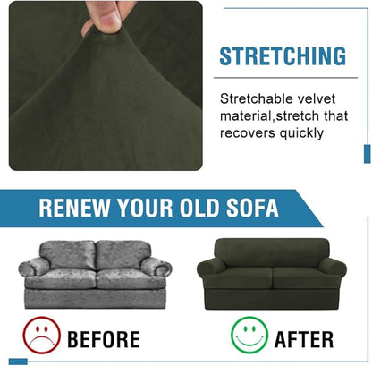 H.VERSAILTEX Sofa Cover 3 Piece T Cushion Loveseat Slipcovers Thick Velvet Couch Cover Stretch T Cushion Sofa Covers for 2 Cushion Couch with 2 Individual T Cushion Covers, Olive