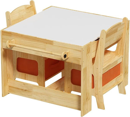 Pinewood Kids Table and Chair Set, 3 in 1 Toddlers Wooden Art Activity Table Desk with Chairs and Storage, Children Removable Tabletop, Blackboard, Natural