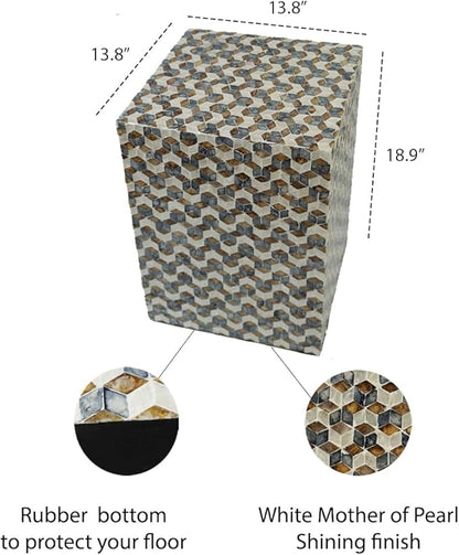 PEMAR Mother of Pearl Square Drum End Table Nacre Lacquer Side Bedside Accent Table and Vanity Stool for Living Room Bedroom (Geometric Cube)