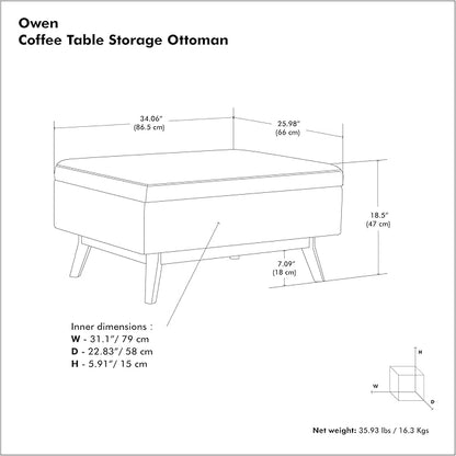 SIMPLIHOME Owen 34 inch Wide Mid Century Modern Rectangle Coffee Table Storage Ottoman in Natural Linen Look Fabric, Assembled, for the Living Room, Entryway and Family Room