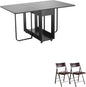 Folding table and chair set, dining table with extra large storage space and 4 universal wheels, matched with padded steel frame folding chairs, space-saving dining table and 2 chairs (Brown)