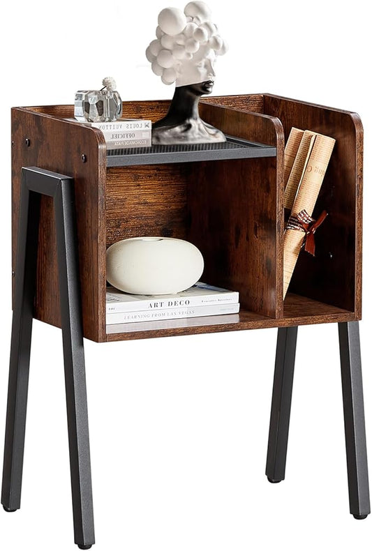 VECELO Nightstand Industrial End Table,Bedside Table with 2-Tier Open Storage Shelves,Wood Side Table with Metal Frame for Bedroom, Living Room,Small Spaces