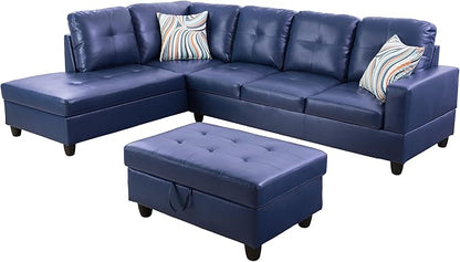 L Shaped Couch PU Leather Sectional Couch Upholstered 3 Pieces Sofas for Living Room with Chaise, Storage Ottoman for Office and Small Apartment, Blue