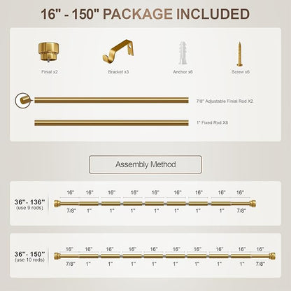Modern Gold Curtain Rods for Windows 72 to 144 Inches Adjustable Length Heavy Duty 1" Diameter Brass Window Curtain Rod with Solid Metal Finials for Outdoor Farmhouse Bedroom Kitchen Living Room