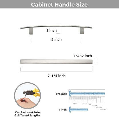 5 Pack Cabinet Handles 5" Hole Center - Curved Cabinet Pulls Brushed Nickel Drawer Pulls for Kitchen Cupboard Solid Hardware for Dresser Drawer Arch Hardware