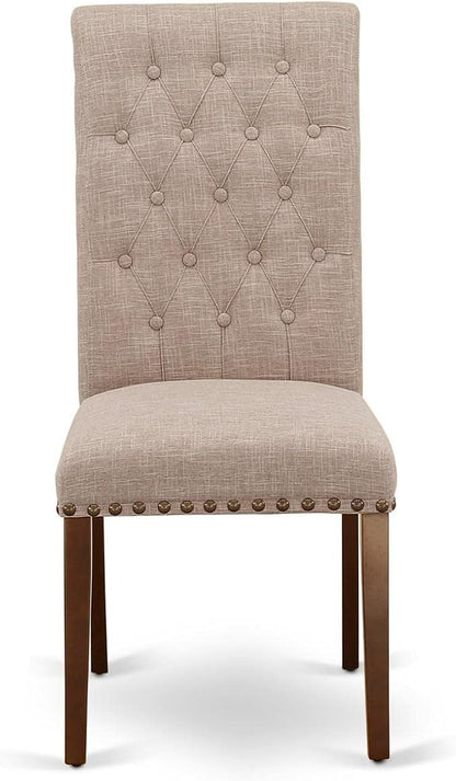 East West Furniture BRP3T04 Bremond Parson Dining Room Chairs - Button Tufted Nailhead Trim Light Tan Linen Fabric Padded Chairs, Set of 2, Mahogany