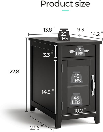 LINSY HOME End Table Set of 2 with Charging Station, Modern Farmhouse Side Table with Drawer, Wooden Narrow Bedside Table for Living Room, Slim Nightstand with Storage Cabinet, Black, Glass Door
