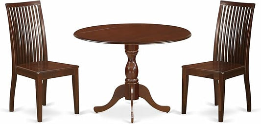 East West Furniture DMIP3-MAH-W 3 Piece Kitchen Table & Chairs Set Contains a Round Dining Room Table with Dropleaf and 2 Dining Chairs, 42x42 Inch, Mahogany