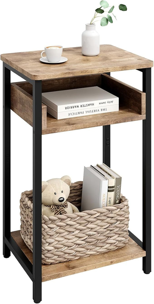 Side Table, 25 inch High End Table, Small Bedside Table for Living Room, Bedroom and Office, Greige & Black