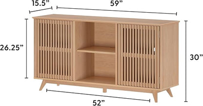 Plank+Beam Mid-Century Modern Wood TV Stand, Solid Wood Entertainment Console with Storage, 59" L x 16" W x 30" H, Blonde