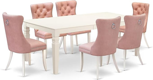 East West Furniture LGDA7-LWH-23 7 Piece Dining Set Includes a Rectangle Dining Table with Butterfly Leaf and 6 Polyester Fabric Upholstered Chairs, linen white