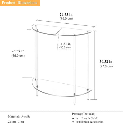 Acrylic Console Table, 2-Tier Half Moon Sofa Couch Table with Storage Shelf, 29.53" Narrow Entryway Table for Bedroom, Living Room, Foyer, Hallway (Clear)