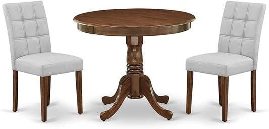 East West Furniture ANAS3-AWA-27 3 Piece Modern Dining Set consists A Dinning Table and 2 Light Gray Polyester Fabric Dinner Chairs, Antique Walnut