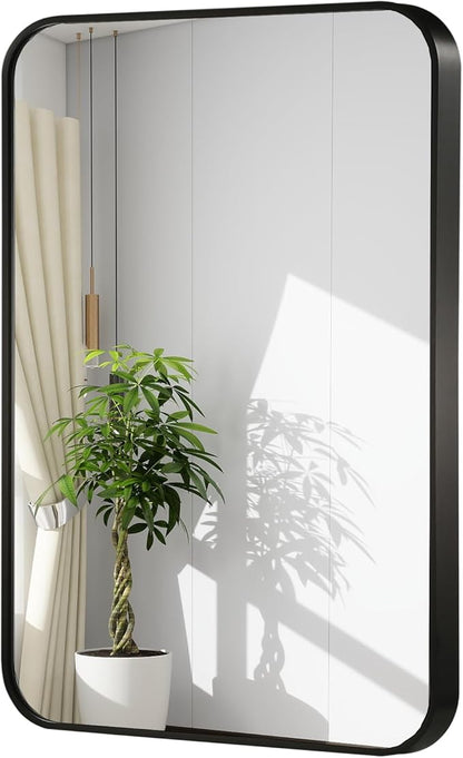48x30 Inch Black Wall Mirror for Bathroom, Brushed Metal Framed Mirror with Rounded Corner, Rectangle Bathroom Vanity Mirror for Bedroom or Living Room, Horizontal/Vertical