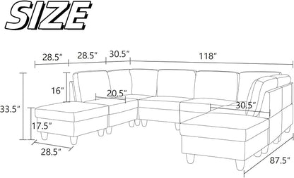 U Shaped Sectional Couch, Convertible Modular Sectional Sofa with Ottomans, 8 Seat Comfy Corner U Shaped Couch Lounge Modern Modular Couches for Living Room Apartment, Blue