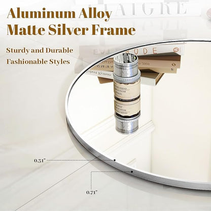 Black Round Bathroom Mirror, 42 inch Large Circle Wall Mounted Hanging Mirror with Simple Modern Circular Metal Frame for Hallway, Entryway, Living Room, Silver Frame