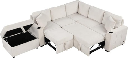 84.7" Symmetrical Convertible Sleeper Sectional Sofa Couch Bed for Living Room 4 Seater L Shaped Reversible Pull Out Sleeper Sofabed with Movable Ottoman ,2 Cup Holders ,USB Ports, Detachable Backrest