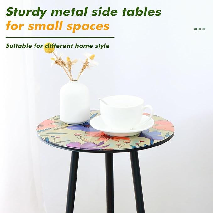 2 Packs Metal Floral Round Side Table 13.2" Small Outdoor Patio Round Accent Coffee Tables Indoor Corner Stand for Small Spaces Weather-Resistant for Balcony Plant Stand