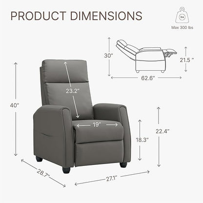 Recliner Chair for Adults PU Leather Push Back Armchair with 4 Colors Ambient Lighting Home Theater Seating with Massage & Heat Vibration Single Sofa for Living Room,Gray
