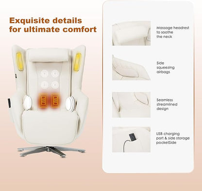 COLAMY Zero Gravity Massage Chair with 4-Zone Massage, Dual Lumbar Heat, Airbag Compression, 360° Swivel, Built-in Bluetooth Speakers & USB Charging, White