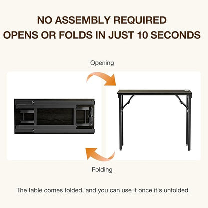 TEMI Small Computer Desk Folding Table - No Assembly, Compact 35.8" Foldable Desk with Power Outlets & USB Charging Port, Portable Small Office Desk, Ideal Mini Study Table, Dark Oak