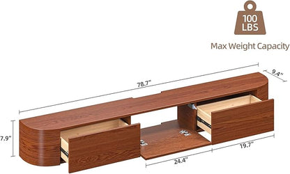 Fully Assembled Floating TV Stand with Drawers, 78IN Vintage Wall Mounted Entertainment Center, Minimalist Large Storage Console Under TV, Solid Wood Media Shelf for Living Room, Bedroom