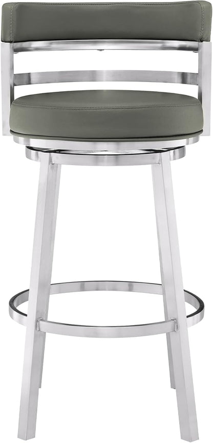 Armen Living Madrid 30" Bar Height Swivel Modern Grey Faux Leather and Brushed Stainless Steel Bar Stool for Kitchen Island Counter